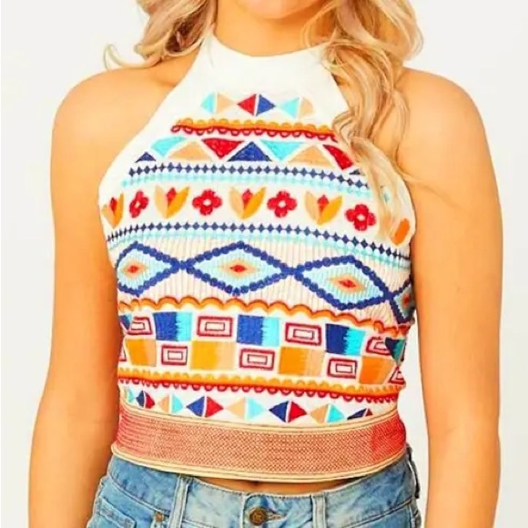 Altar'd State Tops - Altar’d State Size Extra Small White Embroidered Lined Tie-Back Halter Top 3451